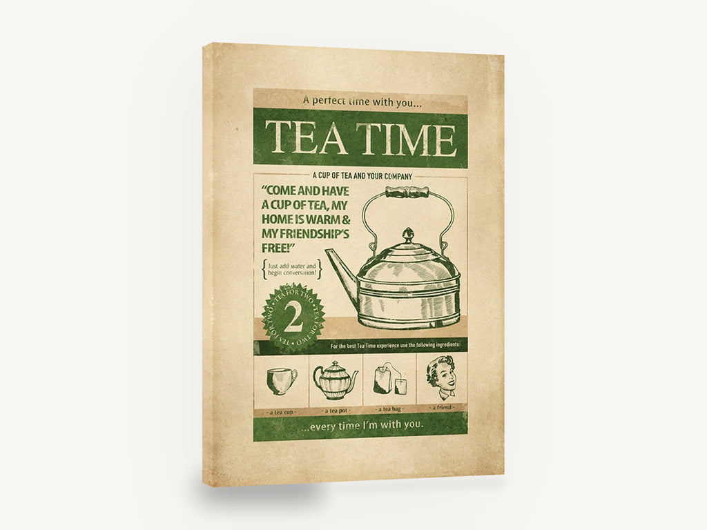 Tea Time Friendship, retro tea time kettle advertising poster, stretched canvas wall art print ready to hang