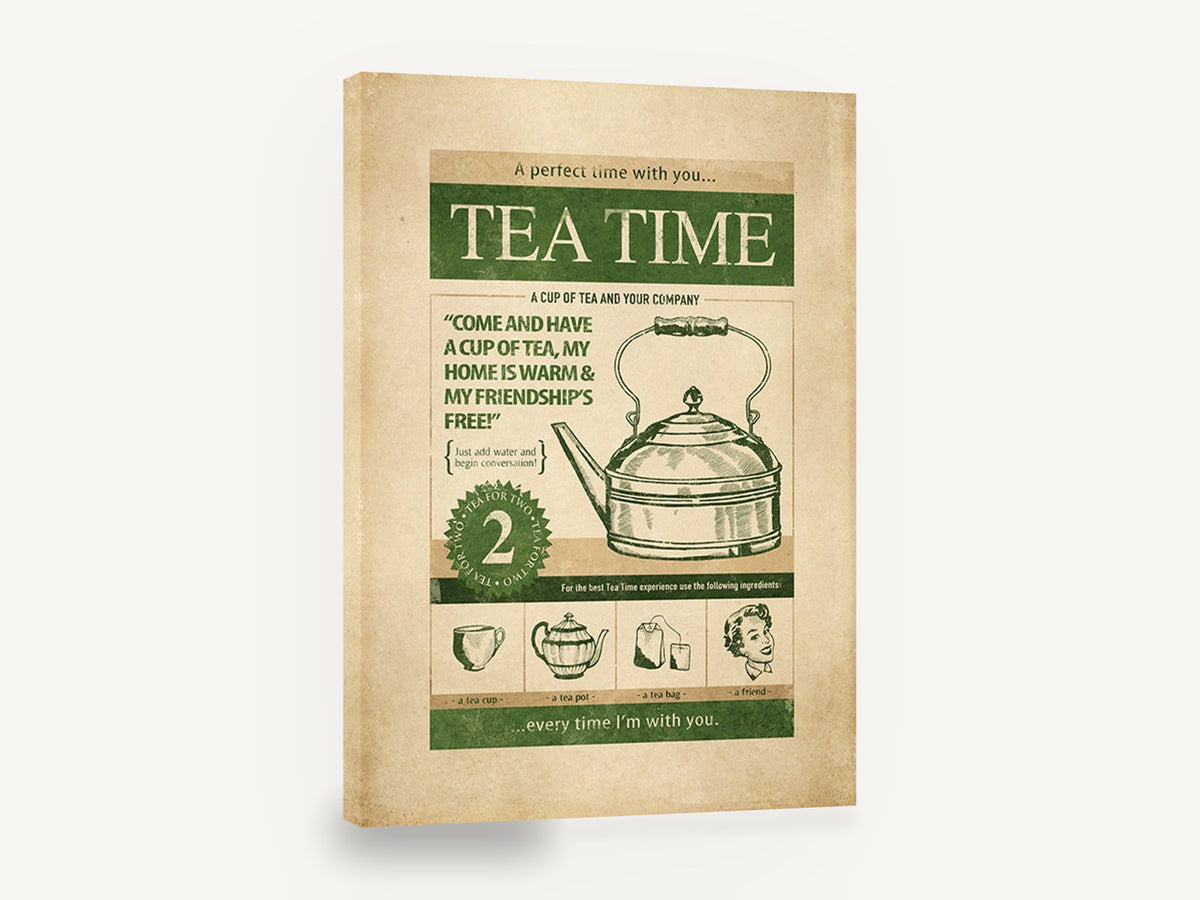 Tea Time Friendship, retro tea time kettle advertising poster, stretched canvas wall art print ready to hang