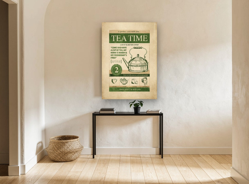 Tea Time Friendship vintage canvas print on the wall of a hallway