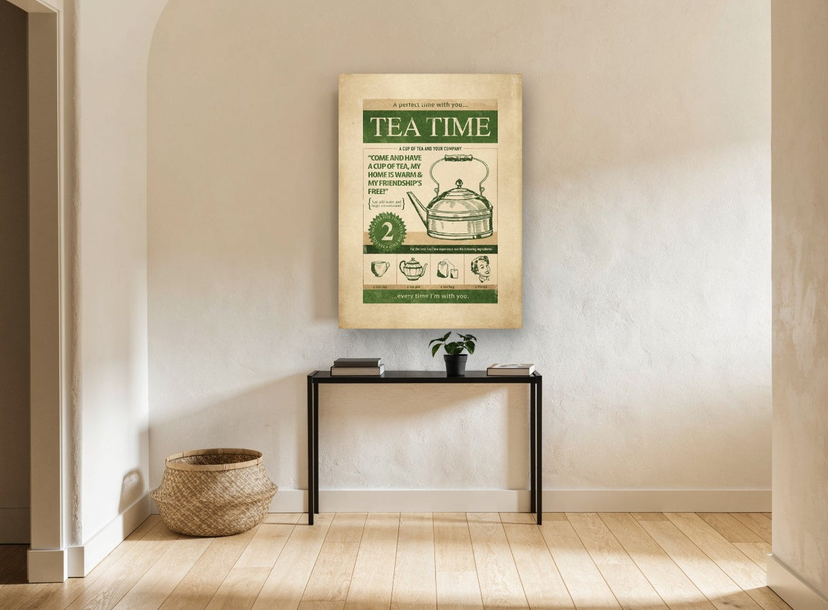 Tea Time Friendship vintage canvas print on the wall of a hallway