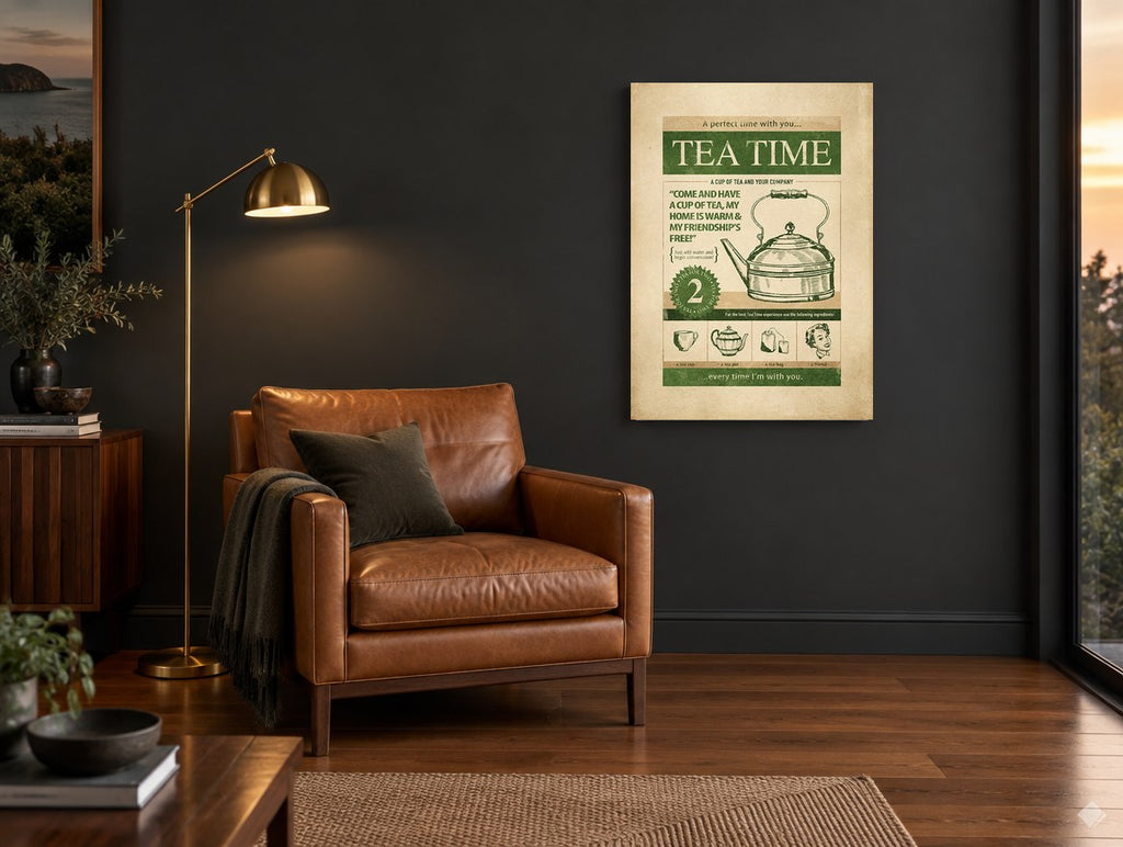 Tea Time Friendship vintage canvas print on the wall of a charcoal living room