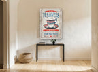 Tea Lovers Strong Brew vintage canvas print on the wall of a hallway