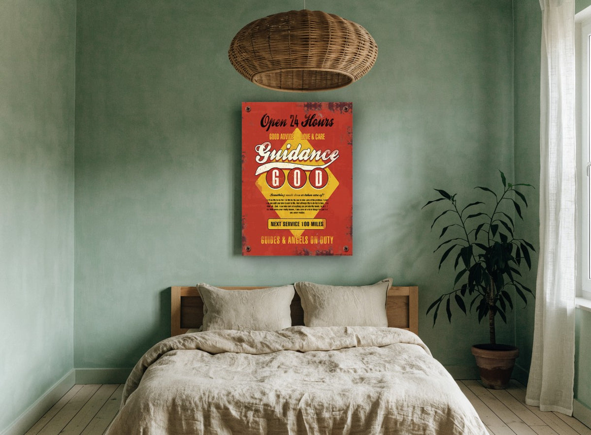 Guidance Open 24 Hours vintage canvas print on the wall of a bedroom