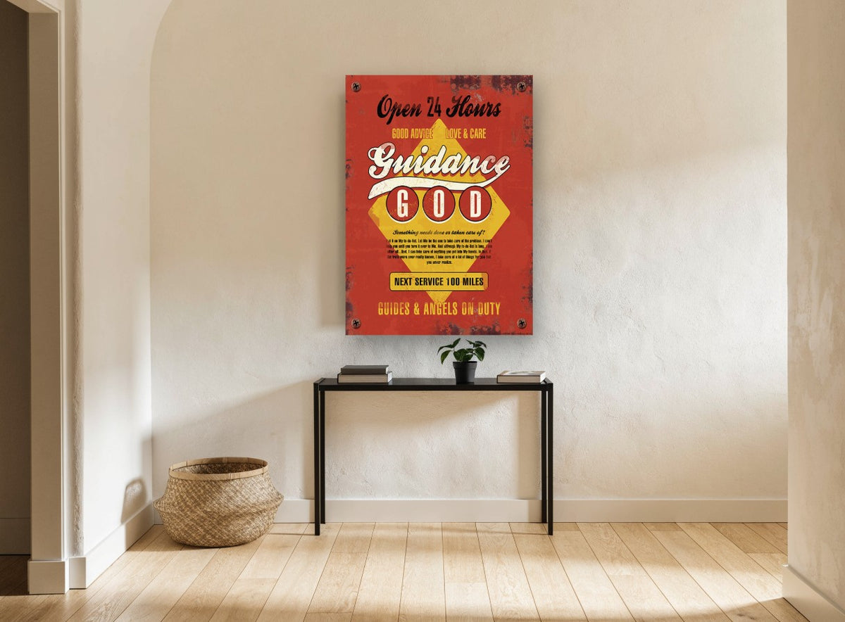 Guidance Open 24 Hours vintage canvas print on the wall of a hallway