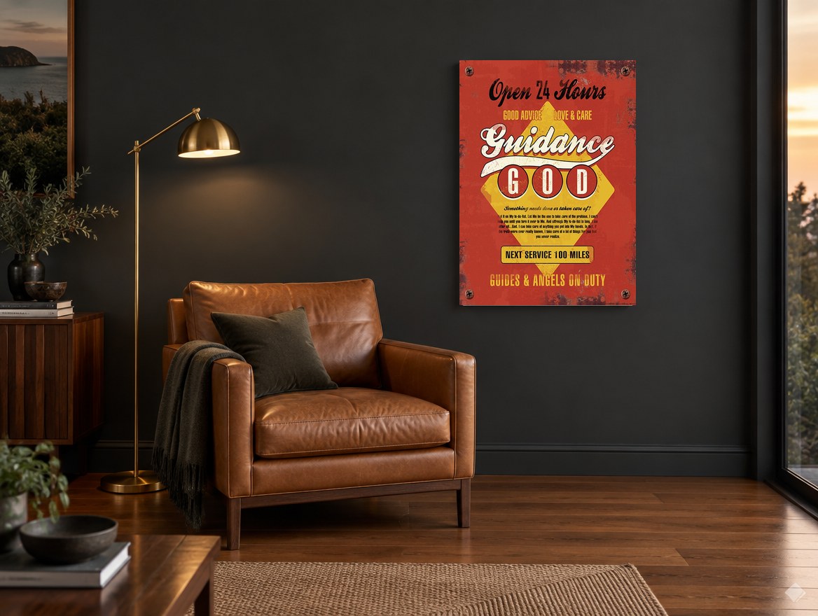 Guidance Open 24 Hours vintage canvas print on the wall of a charcoal living room