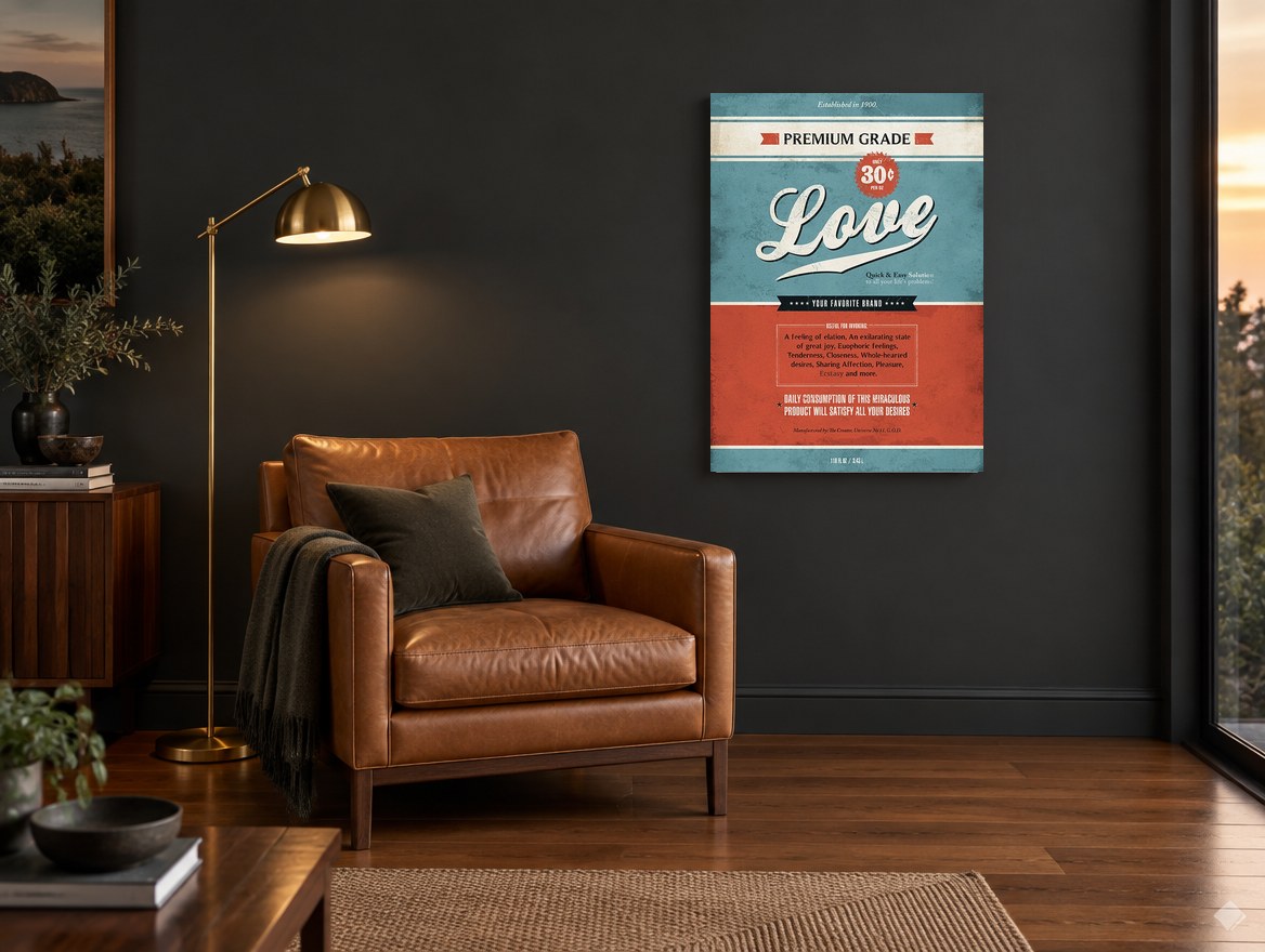 Love, Premium Grade vintage canvas print on the wall of a charcoal living room
