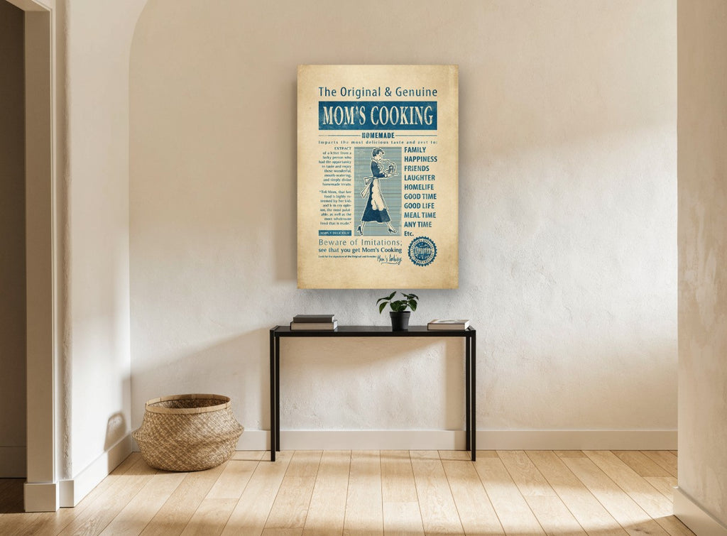 Mom's Cooking Advert vintage canvas print on the wall of a hallway