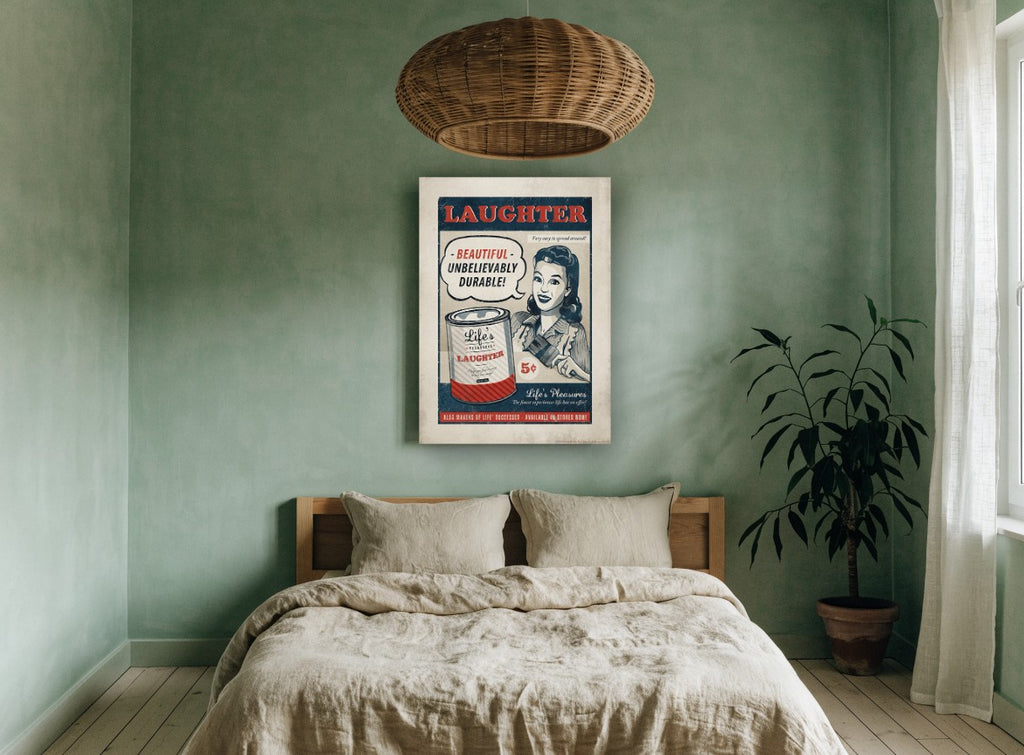 Laughter by the Can vintage canvas print on the wall of a bedroom