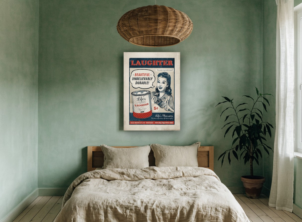 Laughter by the Can vintage canvas print on the wall of a bedroom