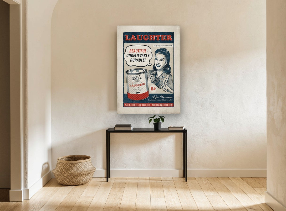 Laughter by the Can vintage canvas print on the wall of a hallway