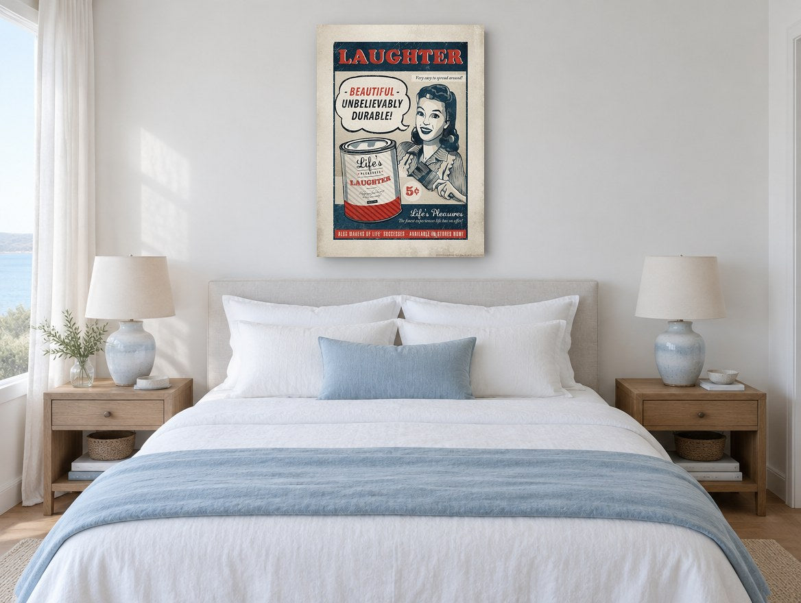 Laughter by the Can vintage canvas print on the wall of a coastal bedroom
