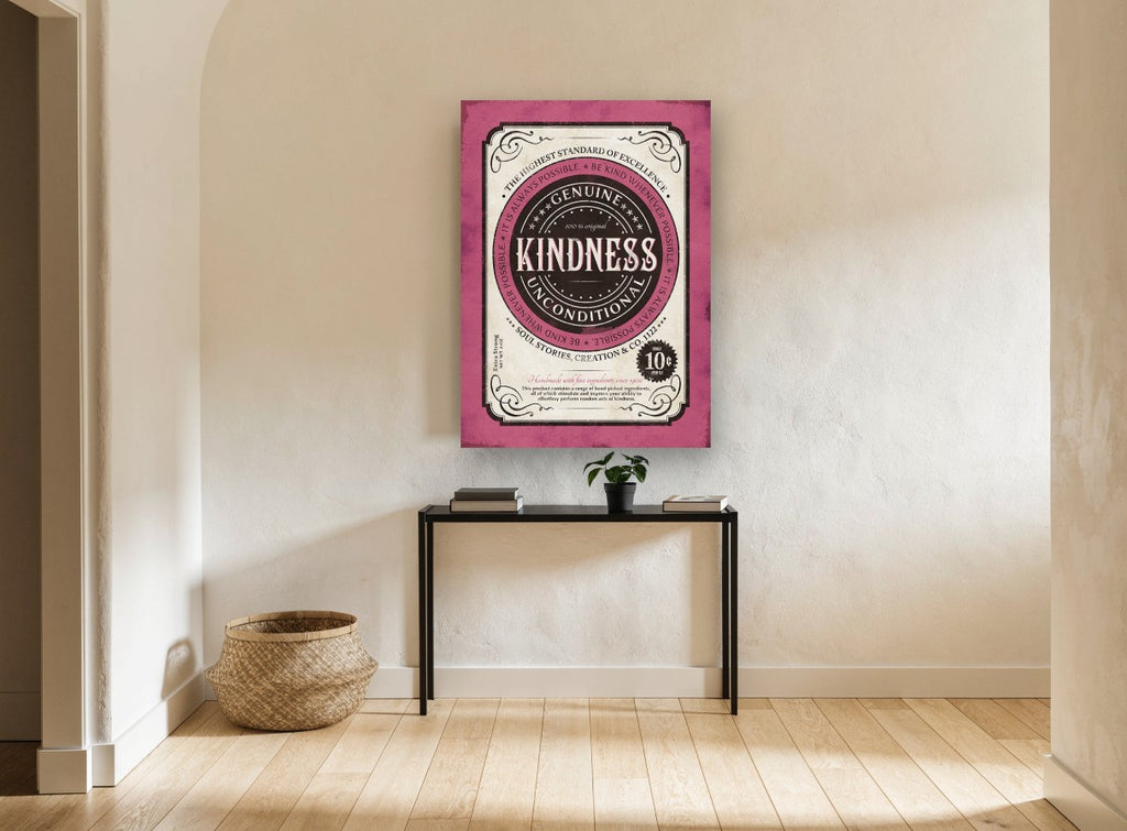 Genuine Kindness Label vintage canvas print on the wall of a hallway