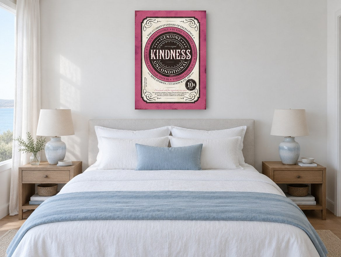 Genuine Kindness Label vintage canvas print on the wall of a coastal bedroom