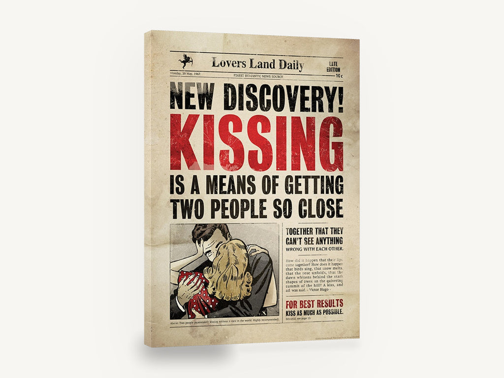 Kissing Makes the Front Page, retro romantic newspaper front page poster, stretched canvas wall art print ready to hang