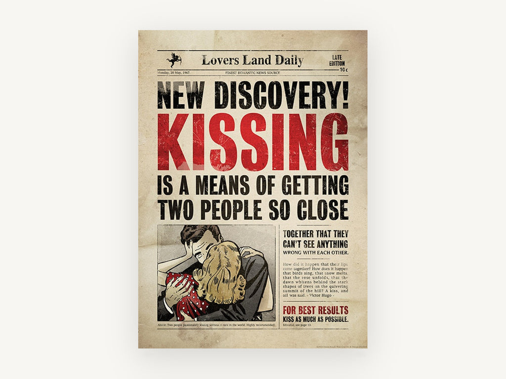 Kissing Makes the Front Page, vintage canvas wall art print, front view