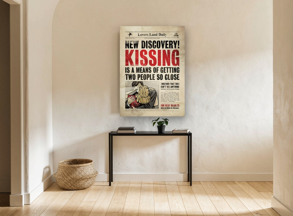 Kissing Makes the Front Page vintage canvas print on the wall of a hallway