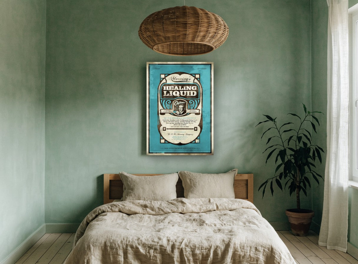 Morning's Healing Liquid vintage canvas print on the wall of a bedroom