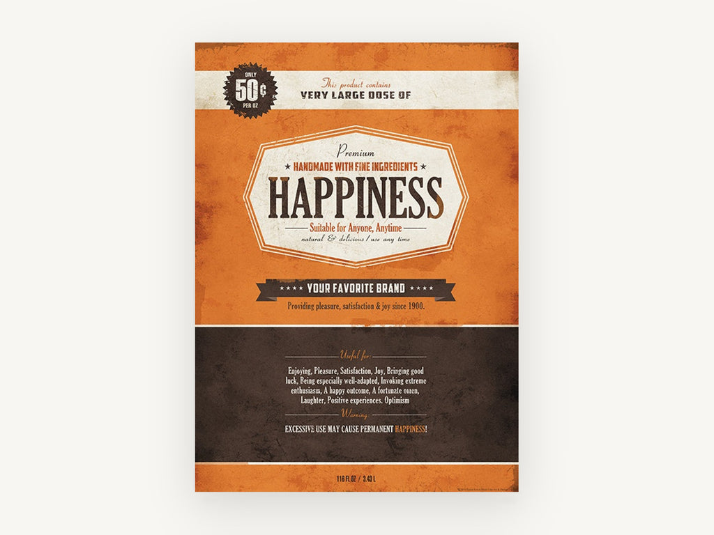Happiness Label, vintage canvas wall art print, front view