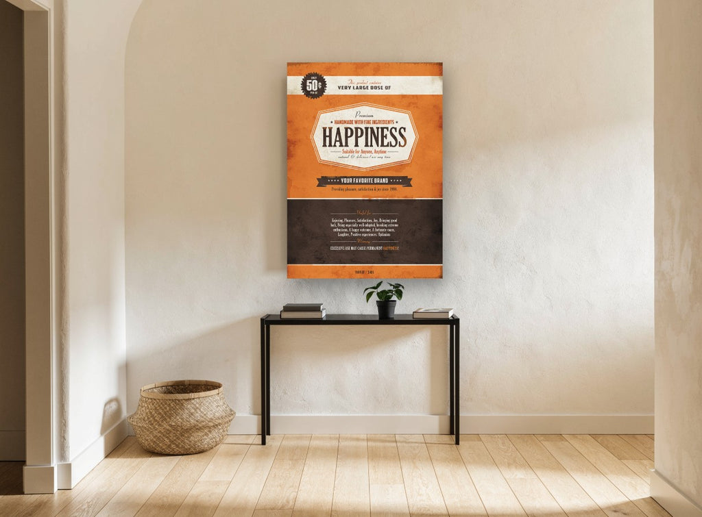 Happiness Label vintage canvas print on the wall of a hallway