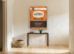 Happiness Label vintage canvas print on the wall of a hallway