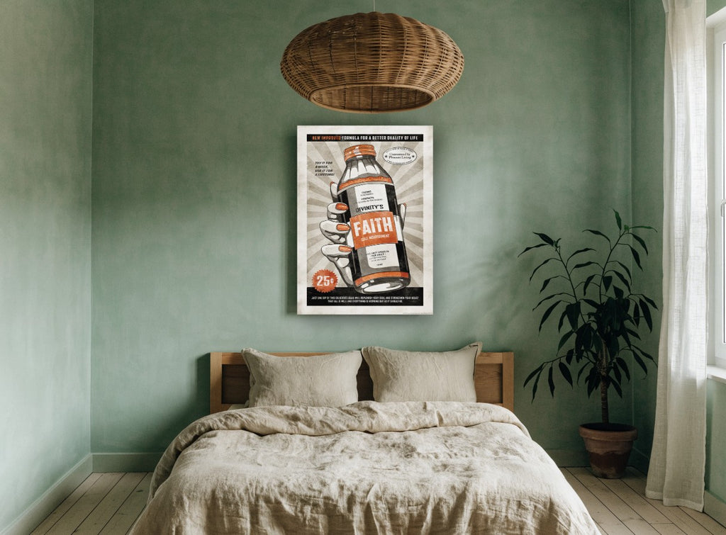 Faith Soul Nourishment vintage canvas print on the wall of a bedroom