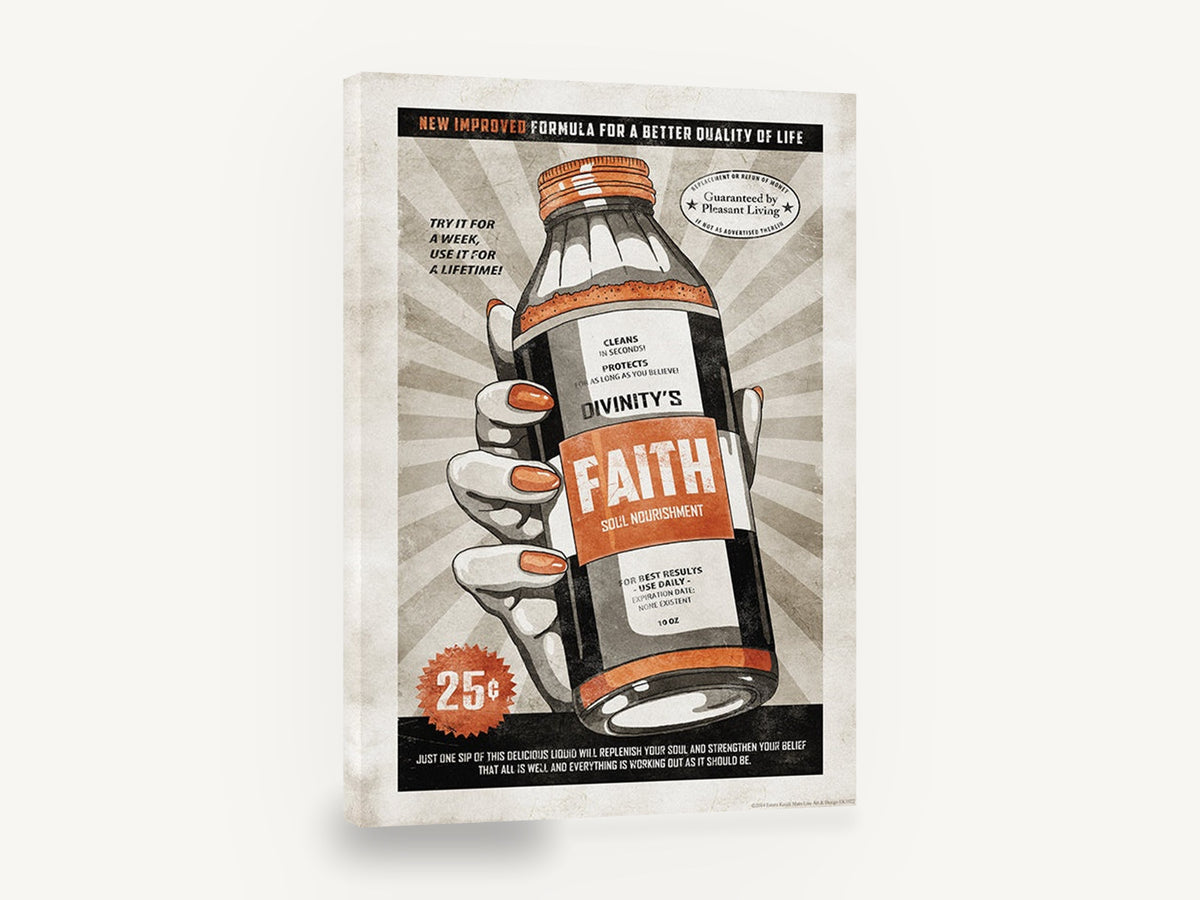 Faith Soul Nourishment, retro faith bottle advertising poster, stretched canvas wall art print ready to hang