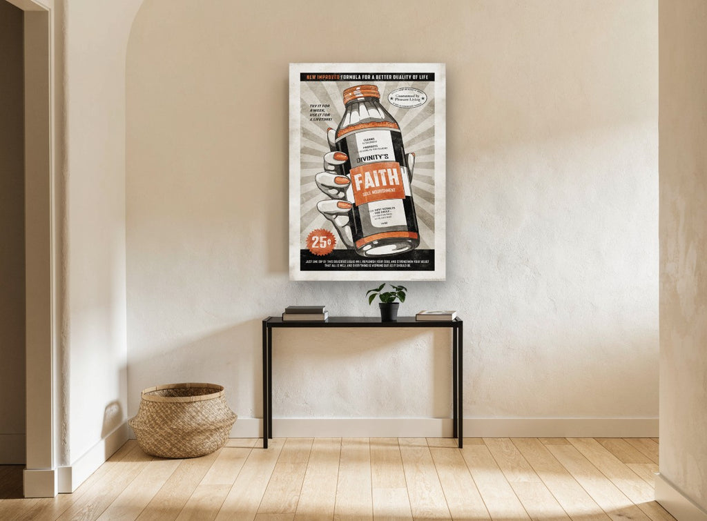 Faith Soul Nourishment vintage canvas print on the wall of a hallway