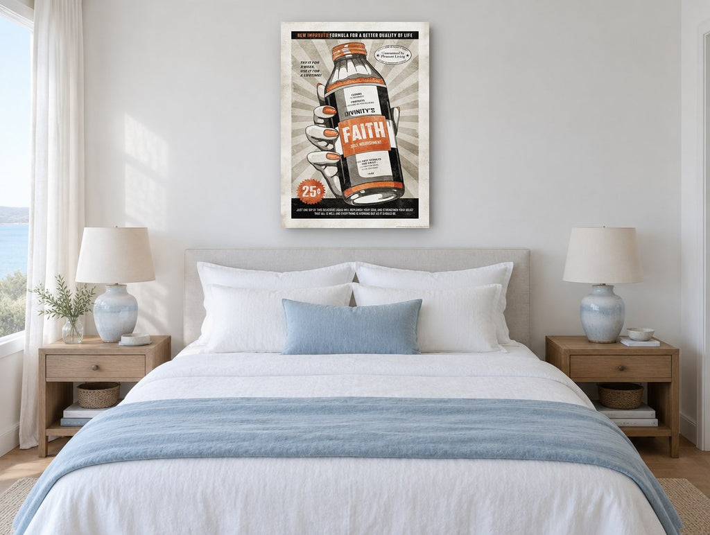 Faith Soul Nourishment vintage canvas print on the wall of a coastal bedroom
