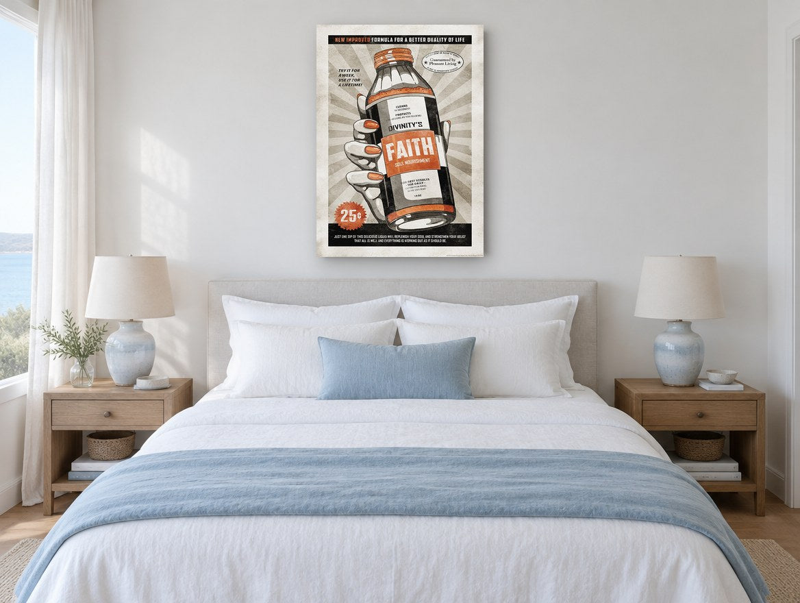 Faith Soul Nourishment vintage canvas print on the wall of a coastal bedroom