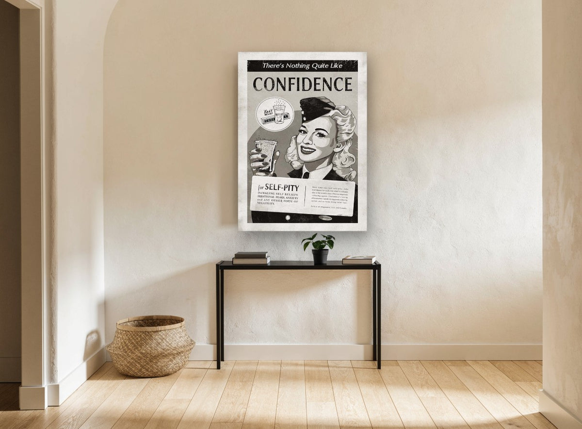 Confidence Fizzing Relief vintage canvas print on the wall of a hallway
