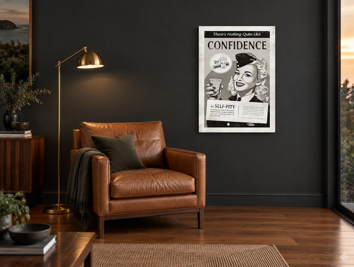 Confidence Fizzing Relief vintage canvas print on the wall of a charcoal living room