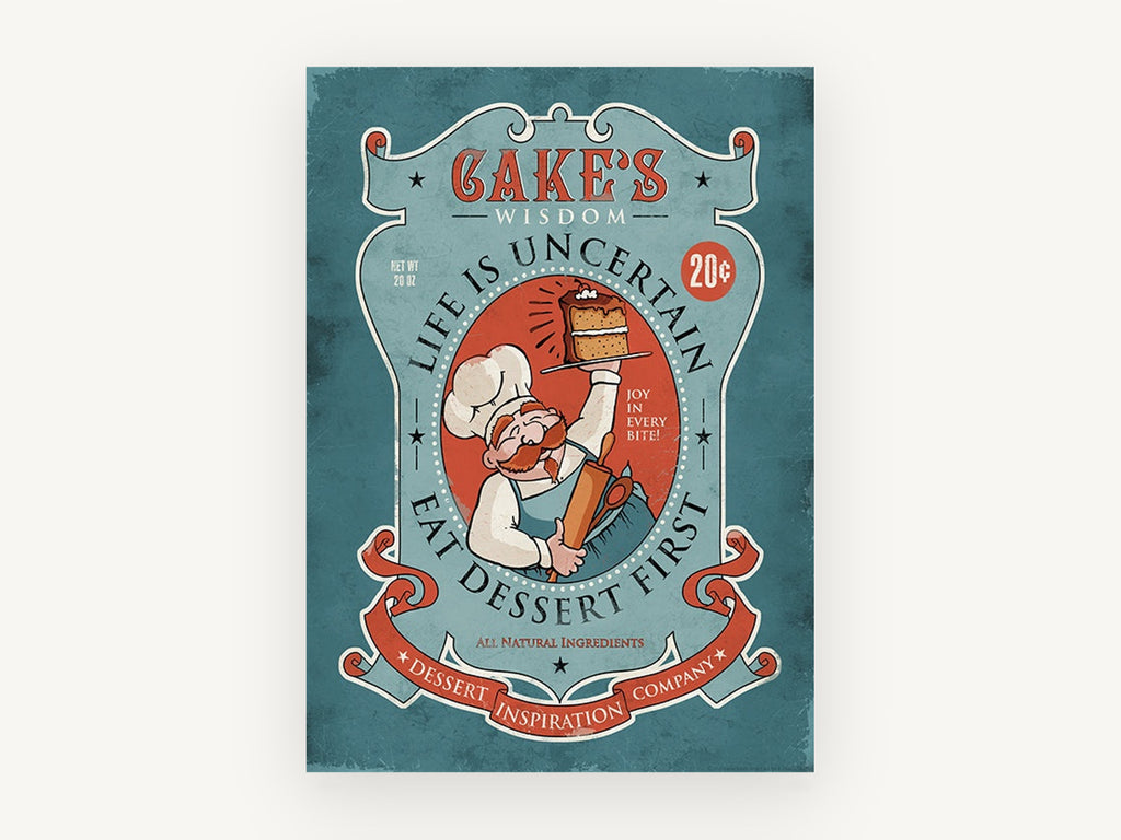 Cake's Wisdom Dessert First, vintage canvas wall art print, front view