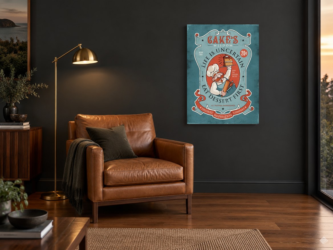 Cake's Wisdom Dessert First vintage canvas print on the wall of a charcoal living room