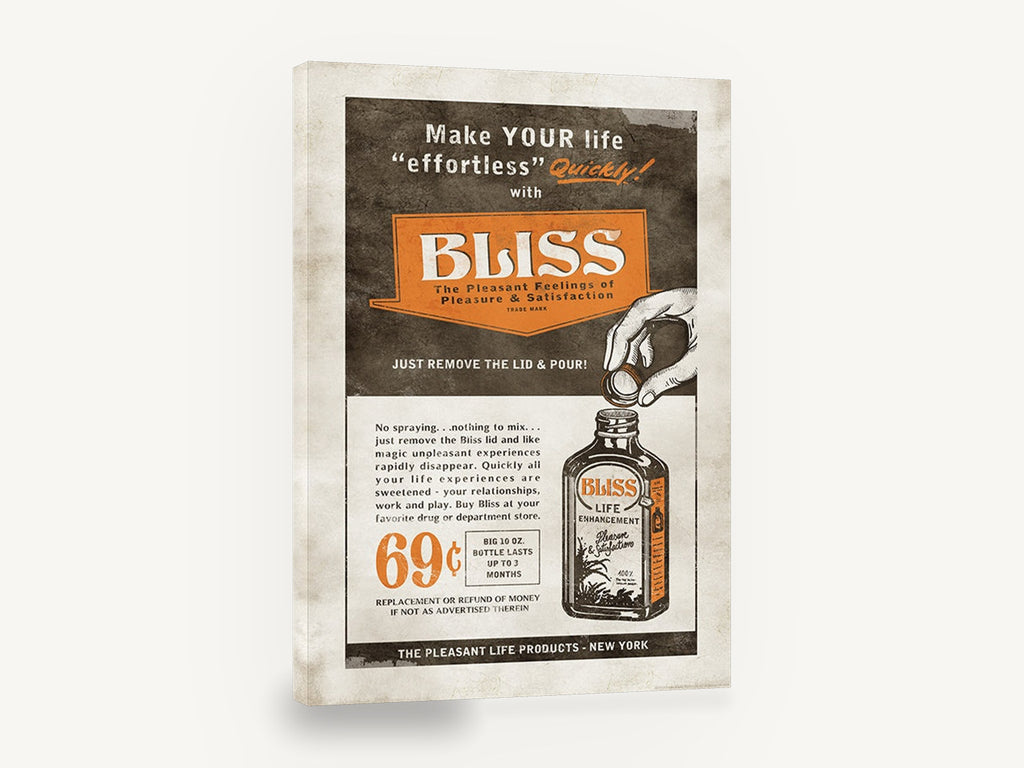 Bliss Life Enhancement, retro bliss bottle advertising poster, stretched canvas wall art print ready to hang