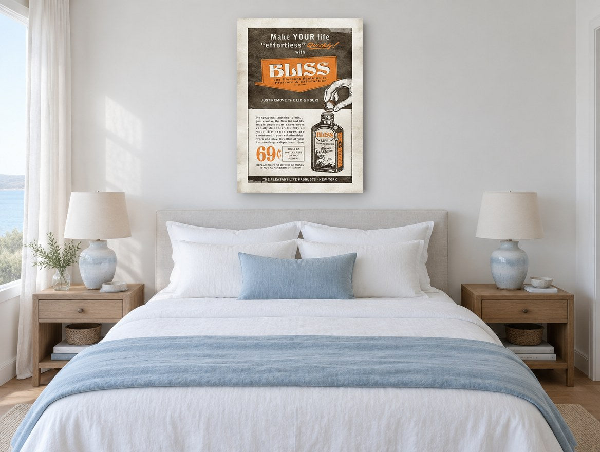 Bliss Life Enhancement vintage canvas print on the wall of a coastal bedroom