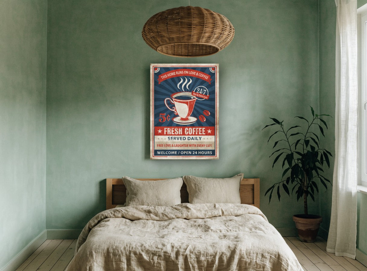 Love & Coffee Diner vintage canvas print on the wall of a bedroom