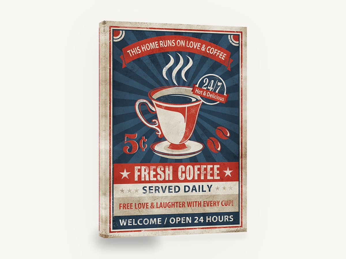 Love & Coffee Diner, retro fresh coffee cafe poster, stretched canvas wall art print ready to hang