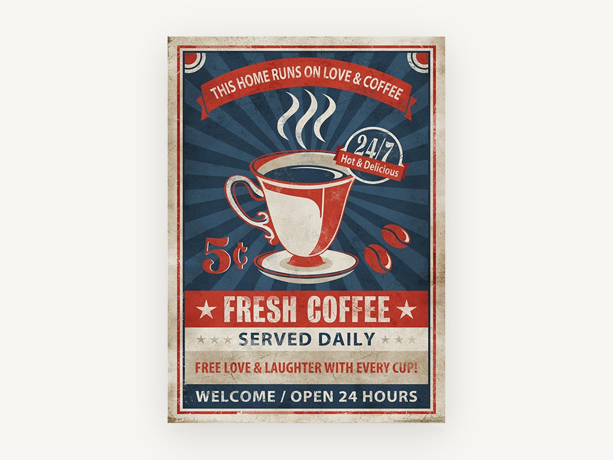 Love & Coffee Diner, vintage canvas wall art print, front view