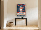 Love & Coffee Diner vintage canvas print on the wall of a hallway