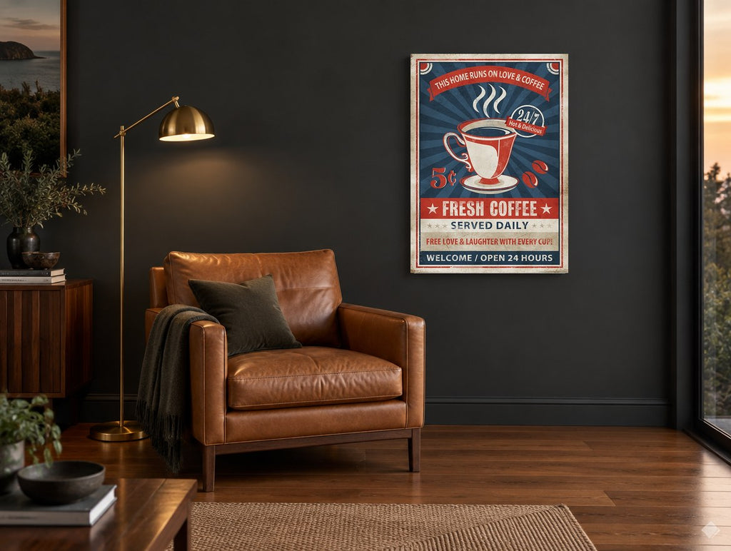 Love & Coffee Diner vintage canvas print on the wall of a charcoal living room