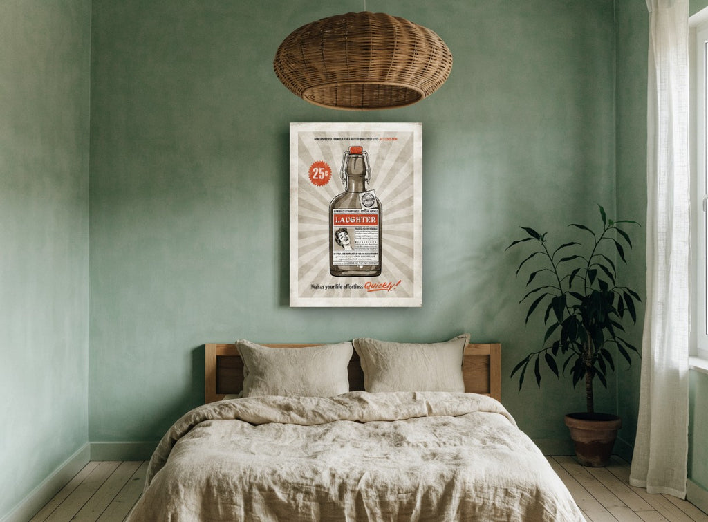 Bottled Laughter Tonic vintage canvas print on the wall of a bedroom