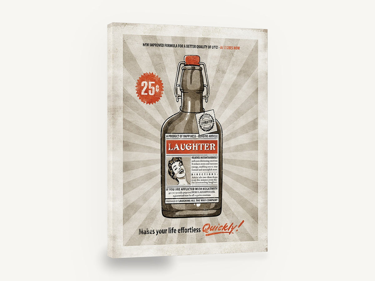 Bottled Laughter Tonic, retro laughter tonic bottle advertisement poster, stretched canvas wall art print ready to hang