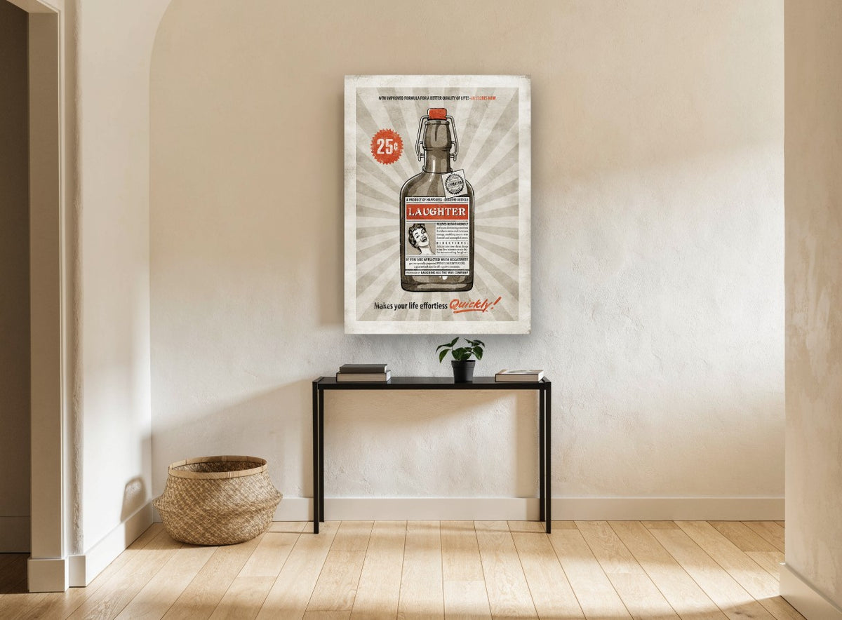 Bottled Laughter Tonic vintage canvas print on the wall of a hallway