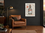 Bottled Laughter Tonic vintage canvas print on the wall of a charcoal living room