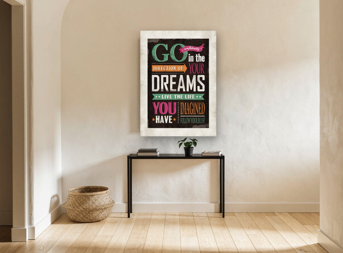 Go Confidently Dreams vintage canvas print on the wall of a hallway