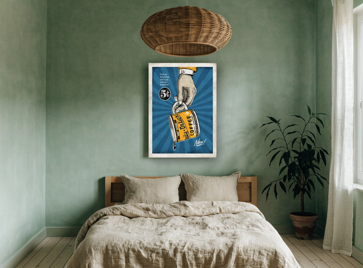 Happy To The Last Drop vintage canvas print on the wall of a bedroom