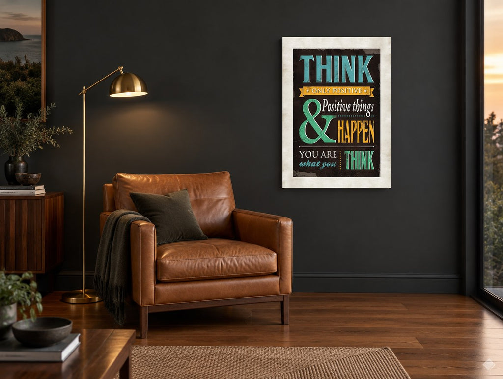 Think Only Positive vintage canvas print on the wall of a charcoal living room