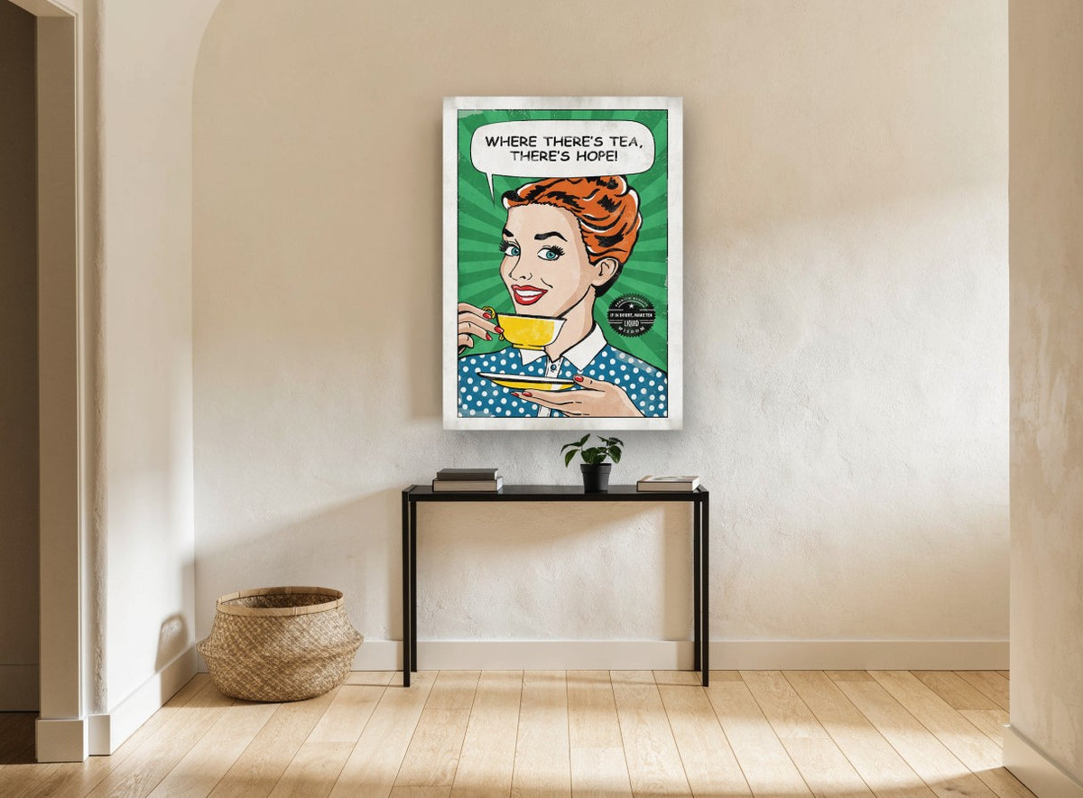 Where There's Tea vintage canvas print on the wall of a hallway