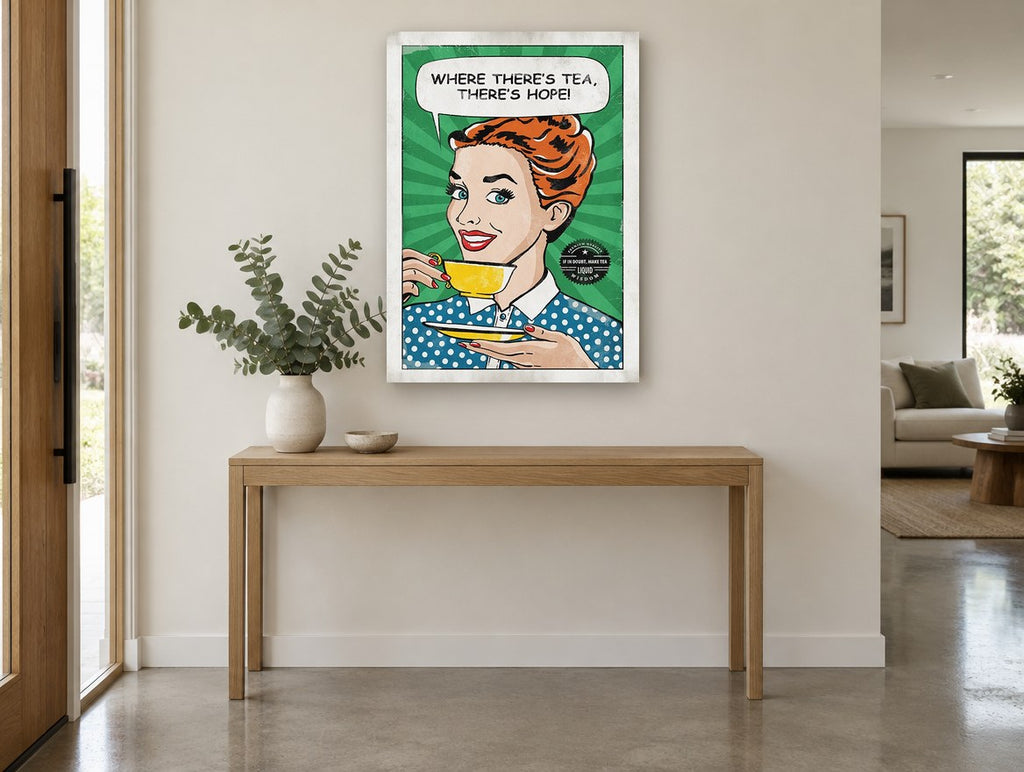 Where There's Tea vintage canvas print on the wall of a entry hall