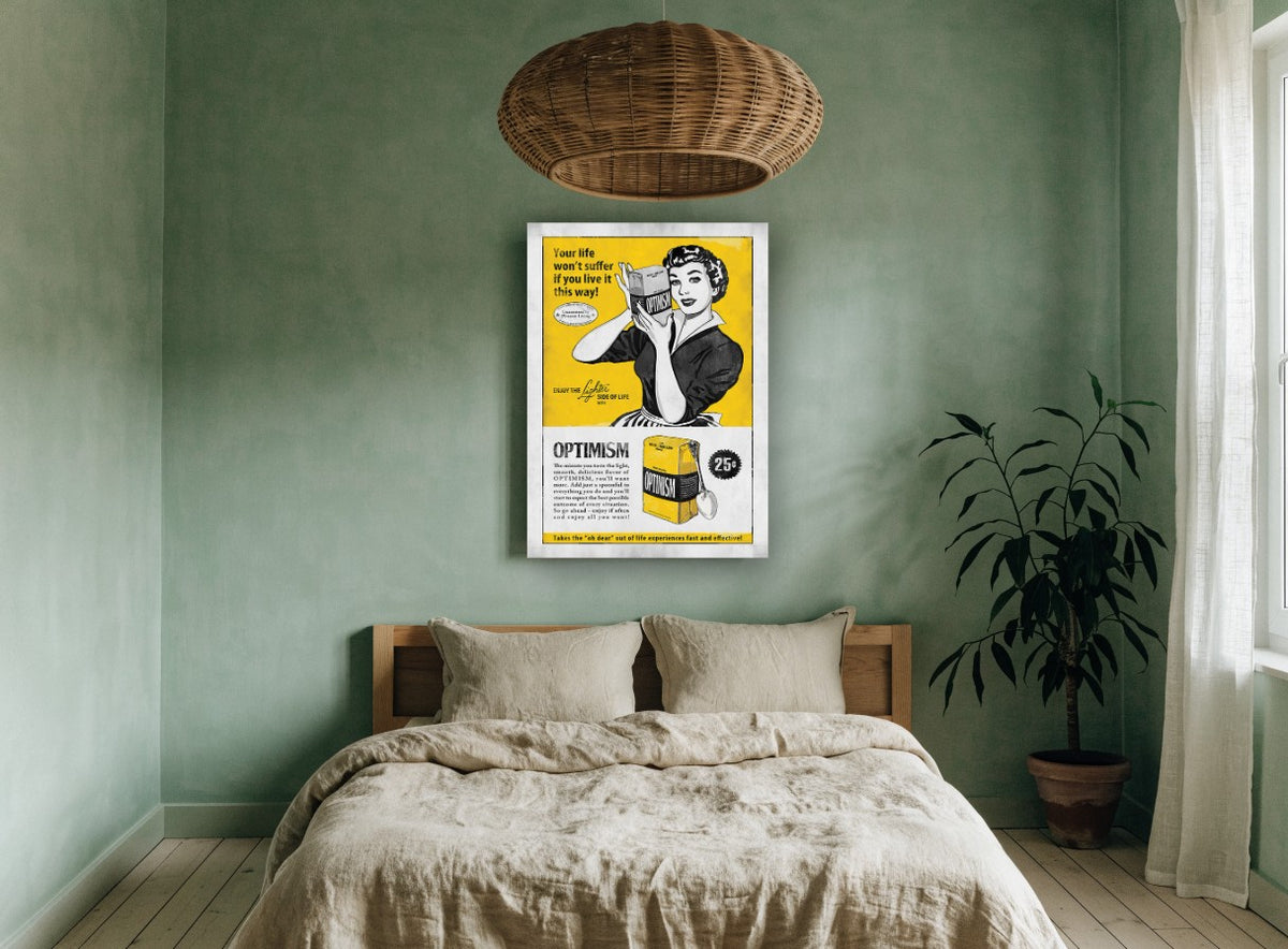 Optimism, One Pound vintage canvas print on the wall of a bedroom